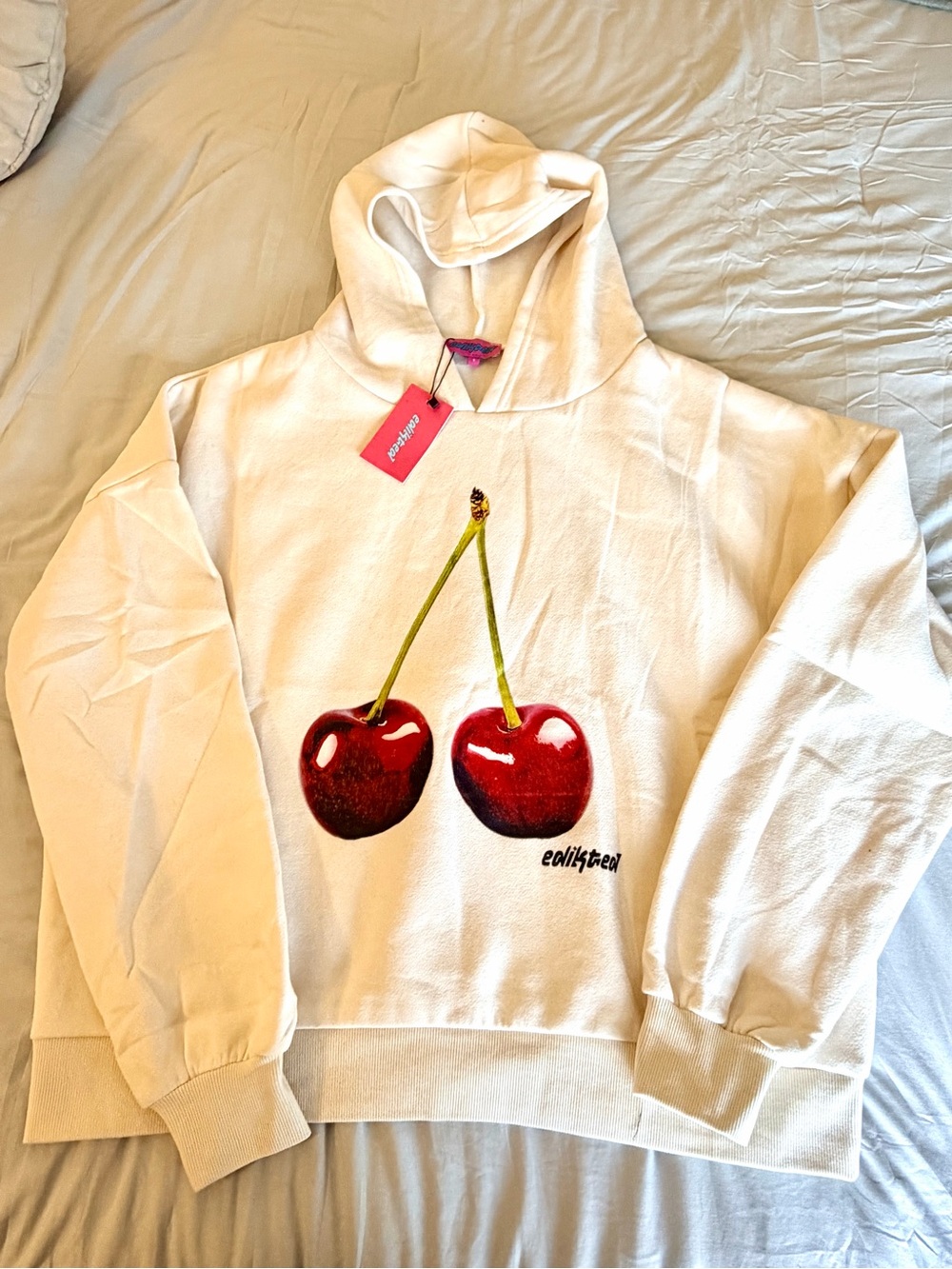 NWT Edikted Mon Cheri Cherry Graphic Hoodie Cream Women's S Oversized